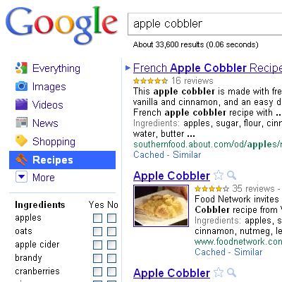 Screen shot of Google Recipe Search
