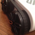 Close-up of the wheels and tread on the Brookstone Rover App Controlled Spy Tank