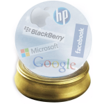 A crystal ball with the logos of Apple, Blackberry, Facebook, Google, HP and Microsoft floating around inside.