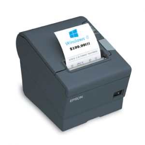 A receipt printer showing the Windows 8 logo on the receipt printing out and $199.99. 