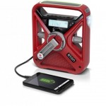 The Red Cross FRX3 Eton Emergency Radio contains a solar panel and hand turbine charger, rechargeable battery, AM/FM radio, NOAA weather band radio, LED red flashing beacon and LED flashlight. Image credit: Eton