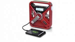 The Red Cross FRX3 Eton Emergency Radio contains a solar panel and hand turbine charger, rechargeable battery, AM/FM radio, NOAA weather band radio, LED red flashing beacon and LED flashlight. Image credit: Eton